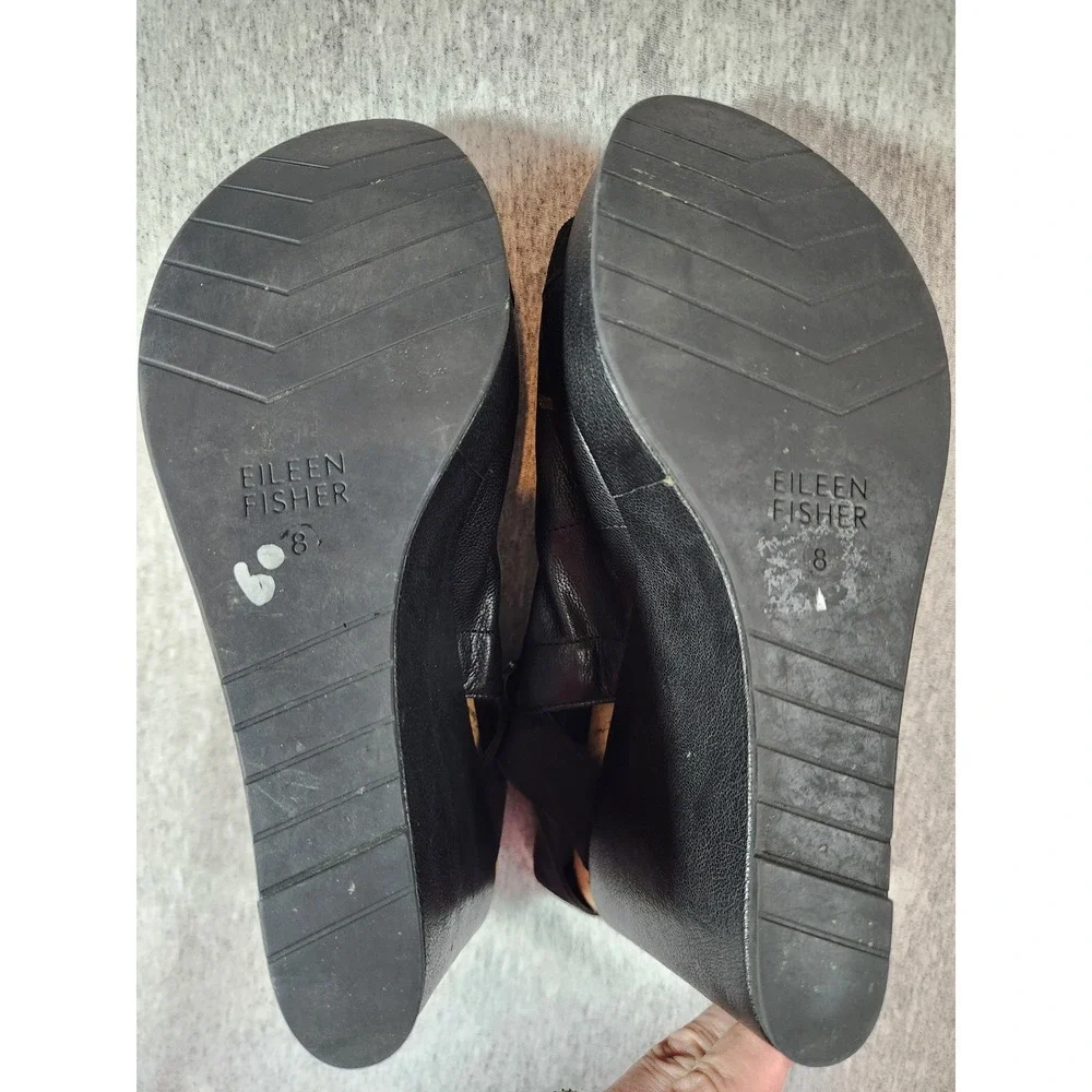 Eileen Fisher Wedge Sandals Womens 8 Black Leather Ruched Platform Slingback